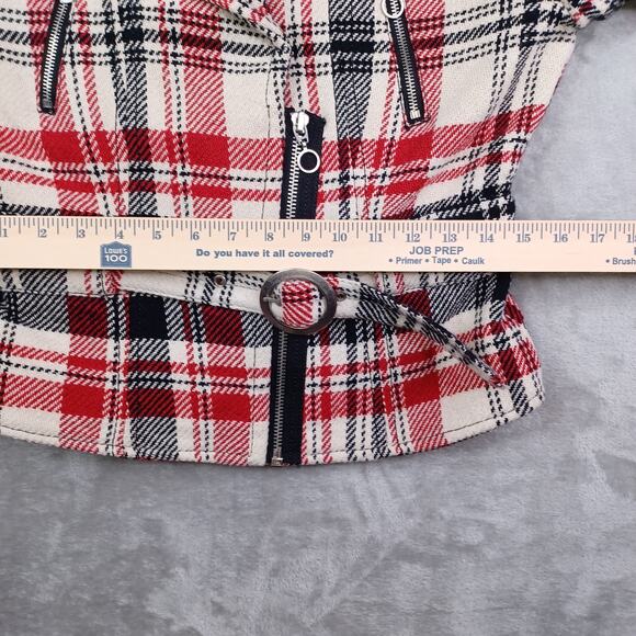Express Women Plaid Wool Blend Moto Belted Jacket Medium Black Red Preppy Bomber - Picture 10 of 14